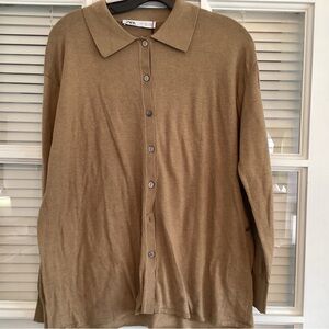 Zara Camel Polo-Style Button Cardigan